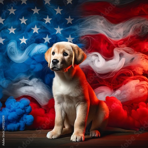 Curious Puppy with American Flag Smoke Art