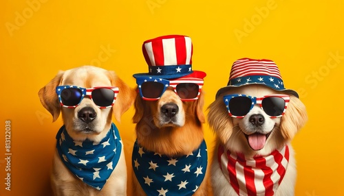 Festive Dogs in American Flag Sunglasses on Yellow © ArtiStock