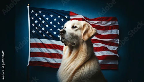 Majestic Dog with American Flag on Blue Backdrop photo