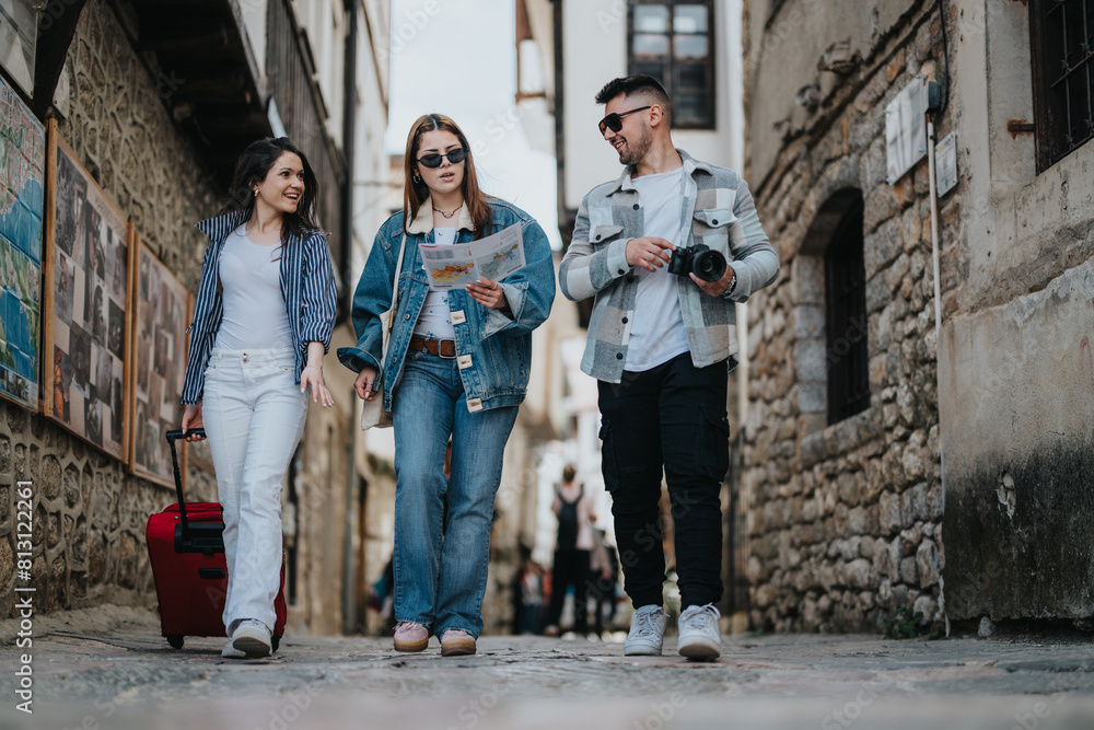 A group of youthful friends enjoying a sightseeing walk in an ancient city, sharing a trip full of discoveries. A group of youthful friends enjoying a sightseeing walk in an ancient city, sharing a trip full of discoveries.
