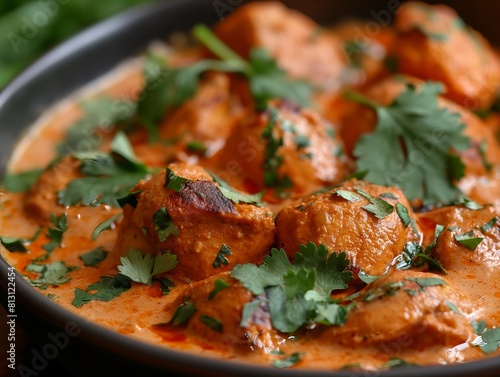 A bowl of red curry with chunks of meat and green parsley. The curry is creamy and rich, with a hint of spice from the parsley. The dish is served in a black bowl