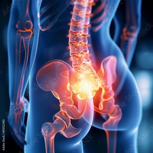 3D medical illustration depicting pain in the lumbar spine region, emphasizing bone health and medical diagnostics.
