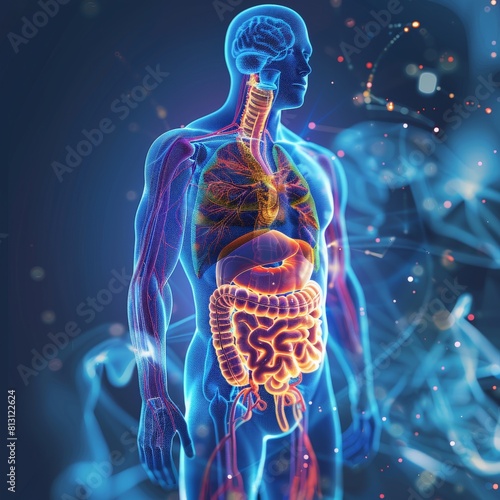 A digital illustration showcasing a detailed view of the human body's anatomy with highlighted internal organs and systems.