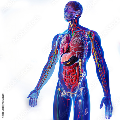 This image features a comprehensive digital model showcasing the detailed organ systems of the human body, including cardiovascular, digestive, and nervous systems.