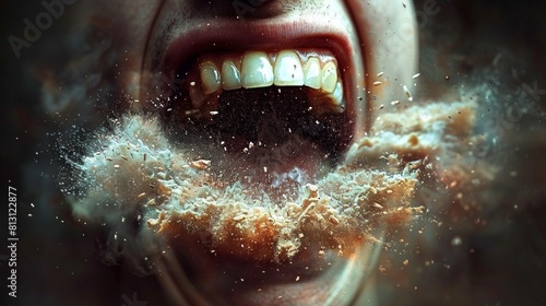 A person with their mouth wide open, food spilling out, accompanied by broken teeth and a fist. photo