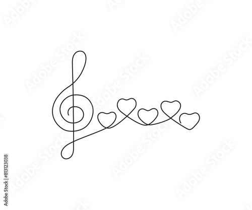 Music note in form heart and treble clef, continuous one art line drawing. Music is love concept. Hand drawn doodle sketch. Vector illustration