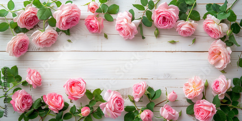 Soft Pastel Harmony: Blushing Pink Roses Spread Across Weathered White Wooden Background with Green Leaves © Mbrhan