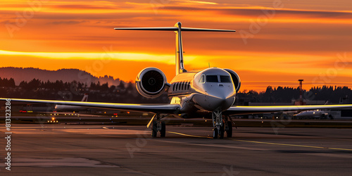 A G650 private jet on the tarmac at sunset, photographed with a Sony A7R IV and Zeiss Batis lens, focusing on its sleek design and impressive power, the warm hues of dusk adding elegance to the scene,