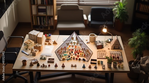 Meticulously arranged objects on a desk portraying obsessive compulsive disorder, focus on symmetry and order