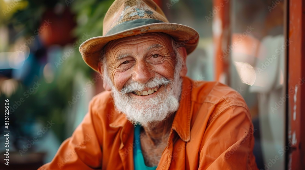 Portrait of smiling senior man with hat and orange shirt sitting in cafe Portrait of smiling senior man with hat and orange shirt sitting in cafe