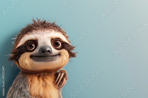 A cartoonish looking sloth with a big smile on its face with copy space