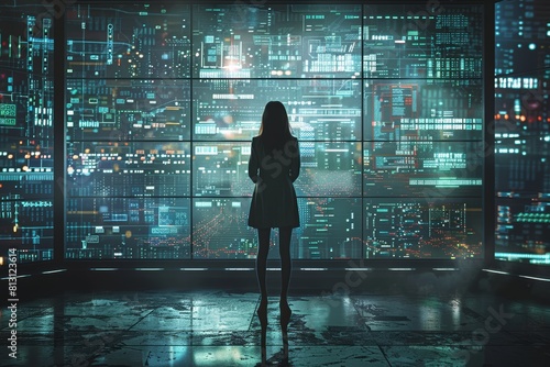 A business woman stands in front of an open server room  surrounded by digital screens displaying various data and information. The dark atmosphere adds to the mystery behind her.