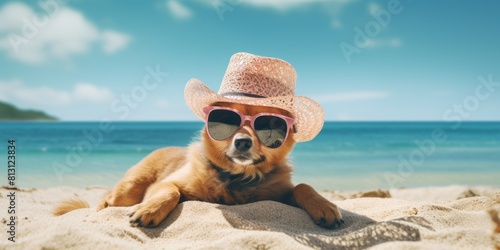 dog with sunglasses and straw hat on the beach Generative AI © Evghenii