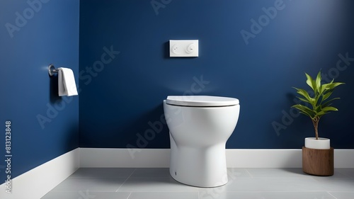 Ceramic toilet bowl near blue wall