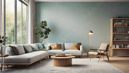 Modern living room with blue walls and wooden furniture in a Scandinavian style layout