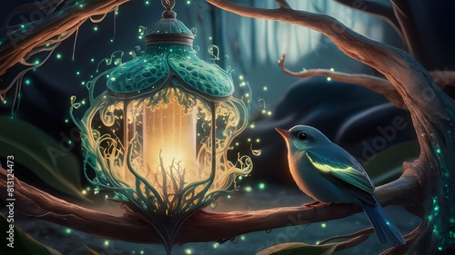 A bird is standing next to a lantern that has a bird on it. photo