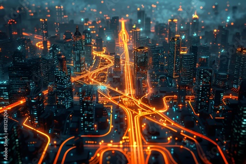 A digital map of the city with glowing lines and holographic elements, showcasing futuristic technology for road system design