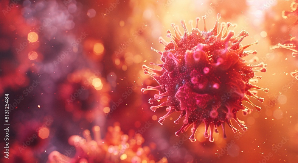 A red circular virus floating in the air with a blurred background.