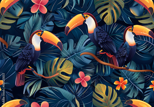 A seamless pattern with a digital illustration of jungle leaves, colorful toucans and tropical flowers, their vibrant colors against a dark background. The artwork is a vector design with intricate de © Emmyn2222