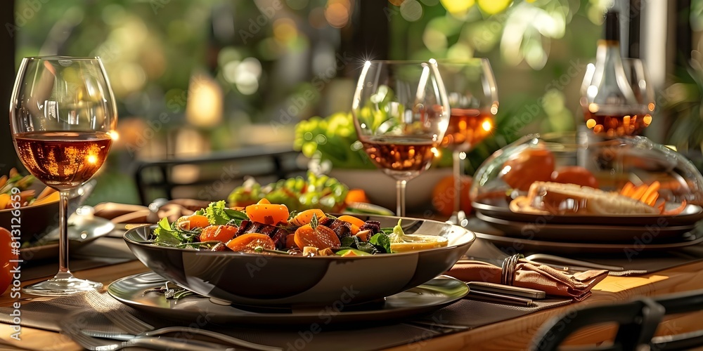 Setting the Table with Food Plates, Wine Glasses, and Salad Bowl. Concept Food Styling, Table Decor, Dining Setup