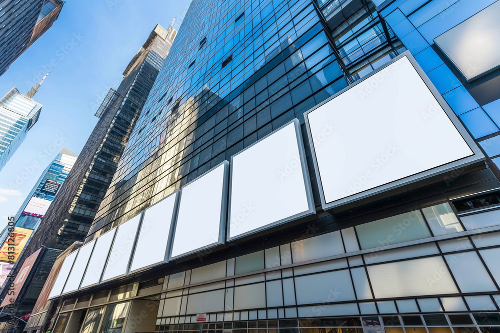 Obraz premium Modern building flaunts empty billboards on its sleek facade, city street below.