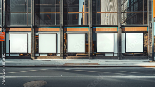 Against the urban backdrop of a lively city street, a row of empty billboards lines the facade of a modern building, poised to capture the attention of passersby and convey compell photo