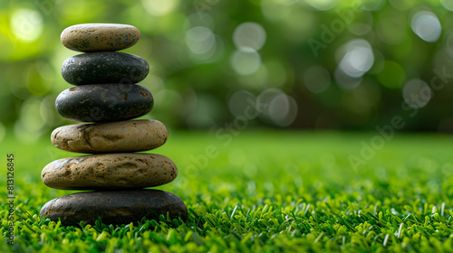 pile of stones on grass background with copy space