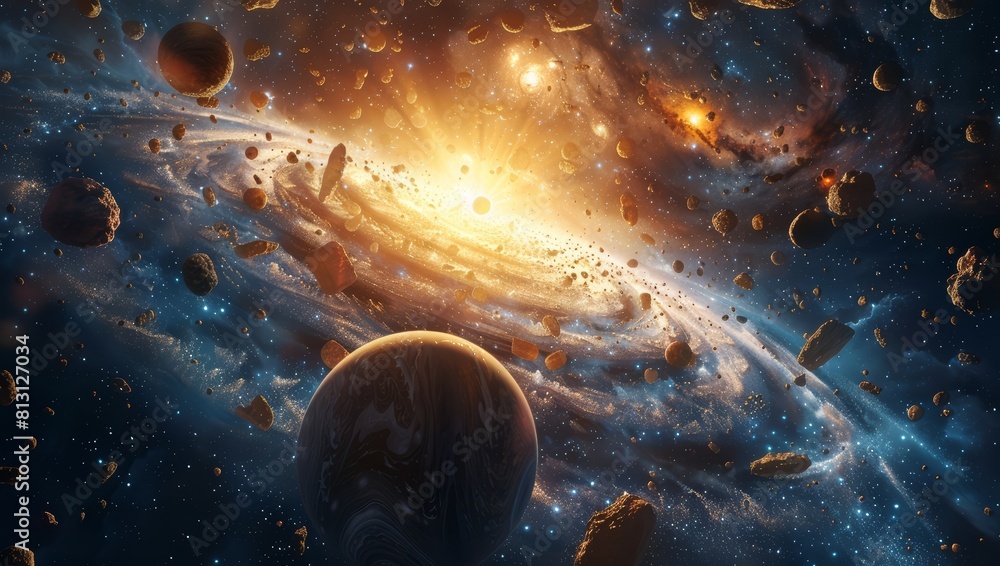 Obraz premium A galaxy with planets and stars, with the sun in the center