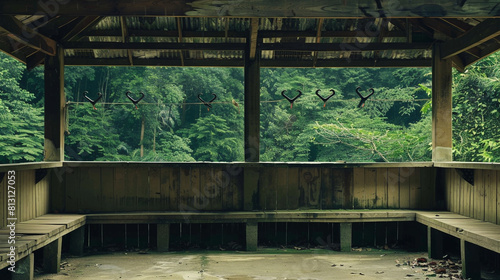 Empty outdoor equipment shed with empty hooks and shelves, set against a backdrop of dense forest.