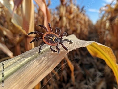 A brown and black bug is on a leaf photo