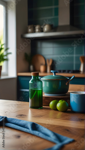 Olive oil bottle with a pot in a kitcehn