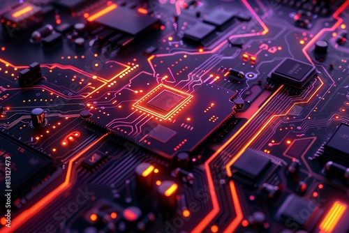 A hightech circuit board with glowing chipsets and data points flowing between them, symbolizing the interconnected nature of technology