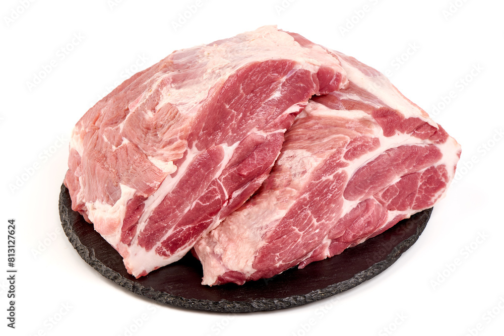 Raw pork shoulder isolated on white background.