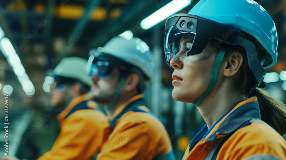Workers wearing augmented reality (AR) glasses for training in a factory Workers wearing augmented reality (AR) glasses for training in a factory