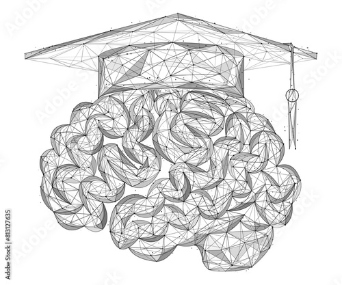 Brain in an academic hat. Polygonal drawing of lines and dots.
