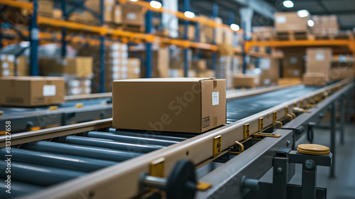 Conveyor belt with packages moving through a warehouse © Maksym