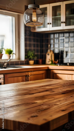 Closeup of a wooden table in a kitchen