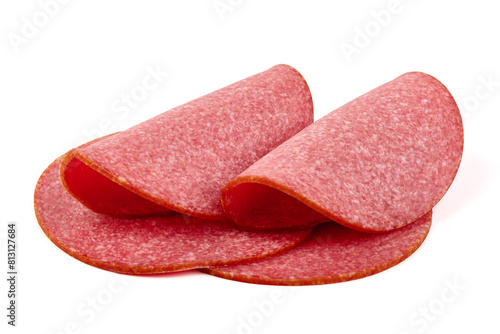 Salami slices, isolated on white background.