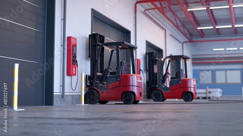 Electric forklifts charging at a warehouse charging station