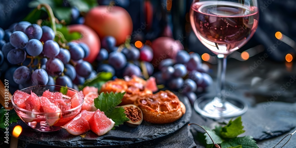 Setting a Romantic Dinner Scene with Pink Wine Appetizer in a Mediterranean Style on Stone Background. Concept Romantic Dinner, Pink Wine, Mediterranean Style, Stone Background, Appetizer