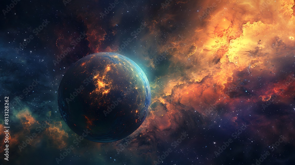 Enigmatic planet in the galaxy, swirling with vibrant colors, rugged terrain, and untold mysteries awaiting discovery Enigmatic planet in the galaxy, swirling with vibrant colors, rugged terrain, and untold mysteries awaiting discovery