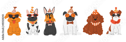 Pet party cute different dog breeds set. Puppy birthday celebration concept design. Domestic animal characters with festive accessories. Canine paw-ty time hand drawn flat vector illustration isolated