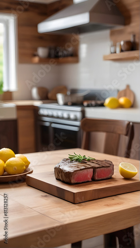 Grilled Steak and fresh lemon on a wooden table in a modern kitchen