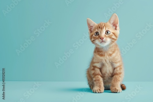 A cute orange kitten is sitting on a blue surface with copy space photo