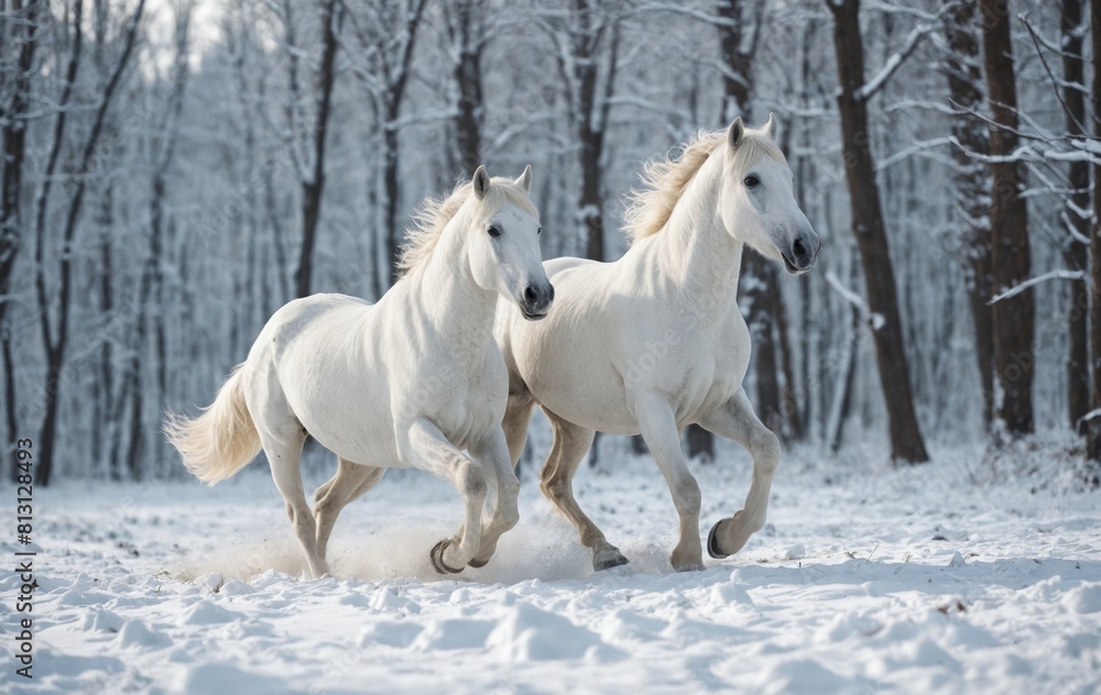 Obraz premium Winter Freedom: Two White Horses Running in the Snow