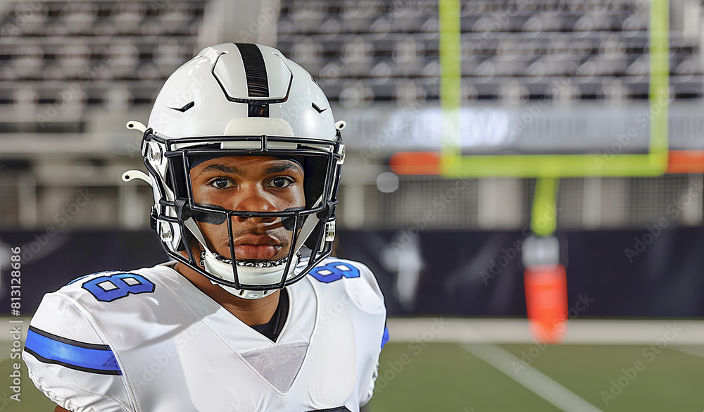 American football players in a white helmet and uniform stand against the background of the goalpost and empty stands. Copy space American football players in a white helmet and uniform stand against the background of the goalpost and empty stands. Copy space