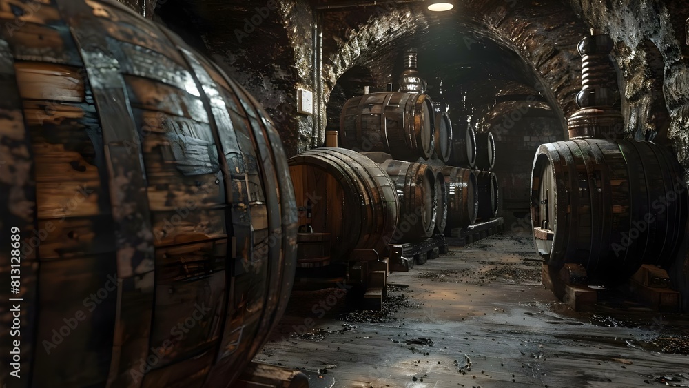 Old wine cellar with wine whiskey and rum barrels storing vintage spirits. Concept Wine Cellar, Whiskey Barrels, Vintage Spirits, Rum Barrels, Old-fashioned Distillery Old wine cellar with wine whiskey and rum barrels storing vintage spirits. Concept Wine Cellar, Whiskey Barrels, Vintage Spirits, Rum Barrels, Old-fashioned Distillery