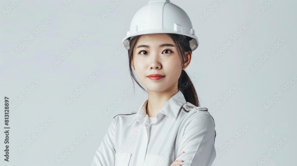 Asian engineer worker woman or architect with white safety helmet standing on isolated white background. Asian engineer worker woman or architect with white safety helmet standing on isolated white background.