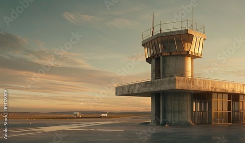 A modern control tower at the airport surrounded by concrete walls, with clear skies above and planes taking off in the distance.