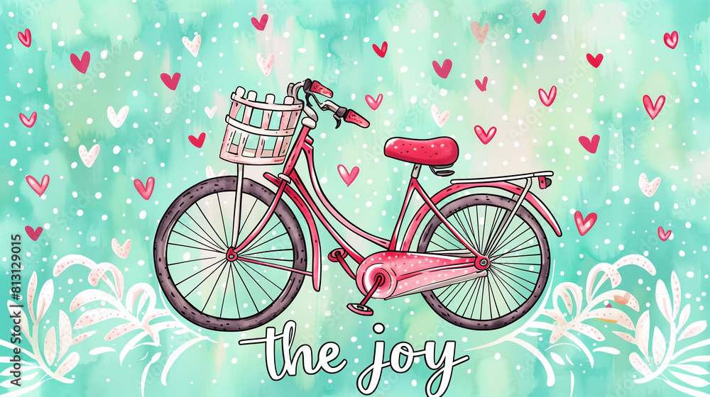 Fototapeta premium Vintage red bicycle with basket on a heart-filled turquoise background with the text